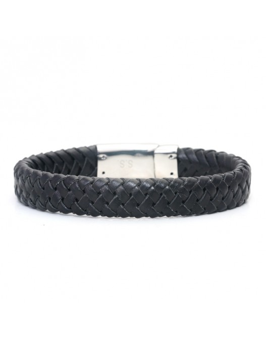 Pulseira Masculina Em Aço E Couro Trançado TINNA